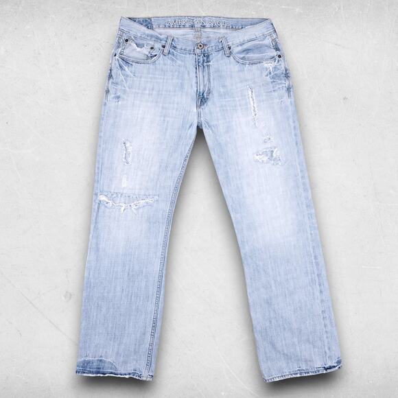 American Eagle Low Rise Boot Jeans Mens 36/32 Light Blue Distressed Streetwear - Picture 1 of 13